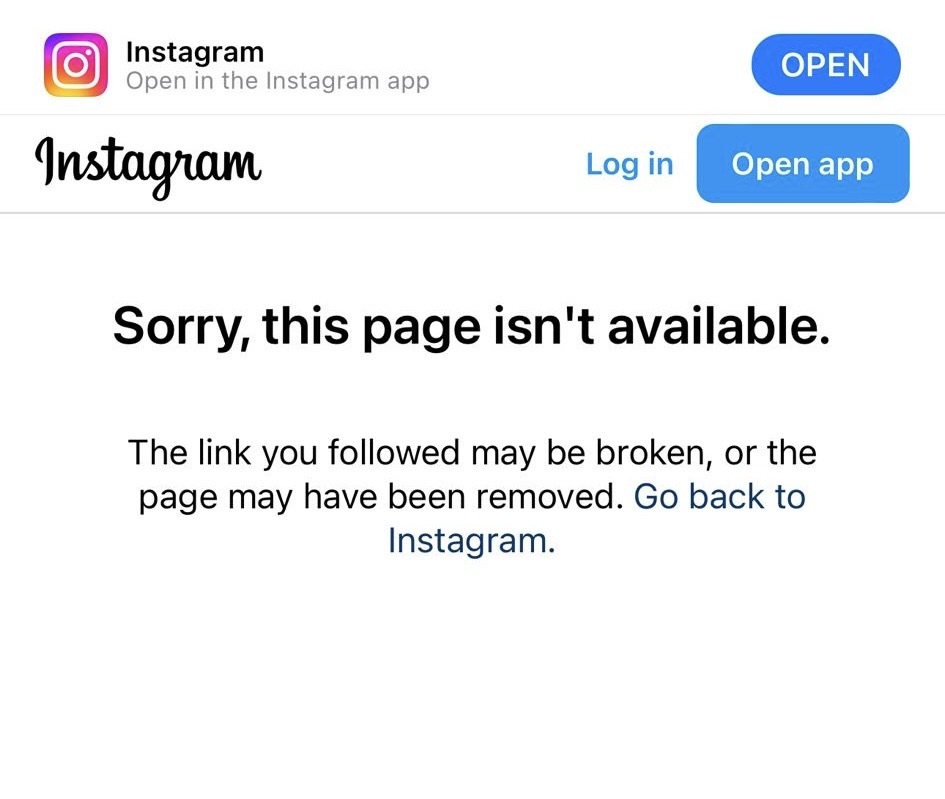 Instagram 'Sorry, this page isn't available' notice after a Media Removal account takedown