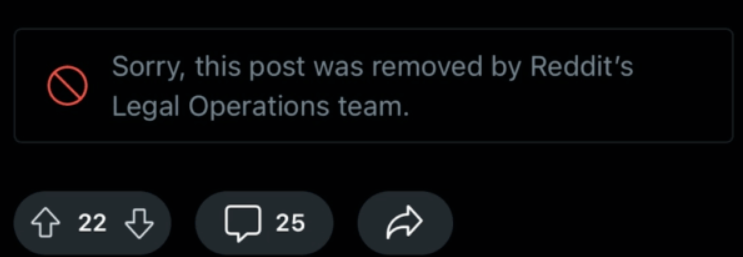 Reddit notice: post removed by Reddit's Legal Operations team