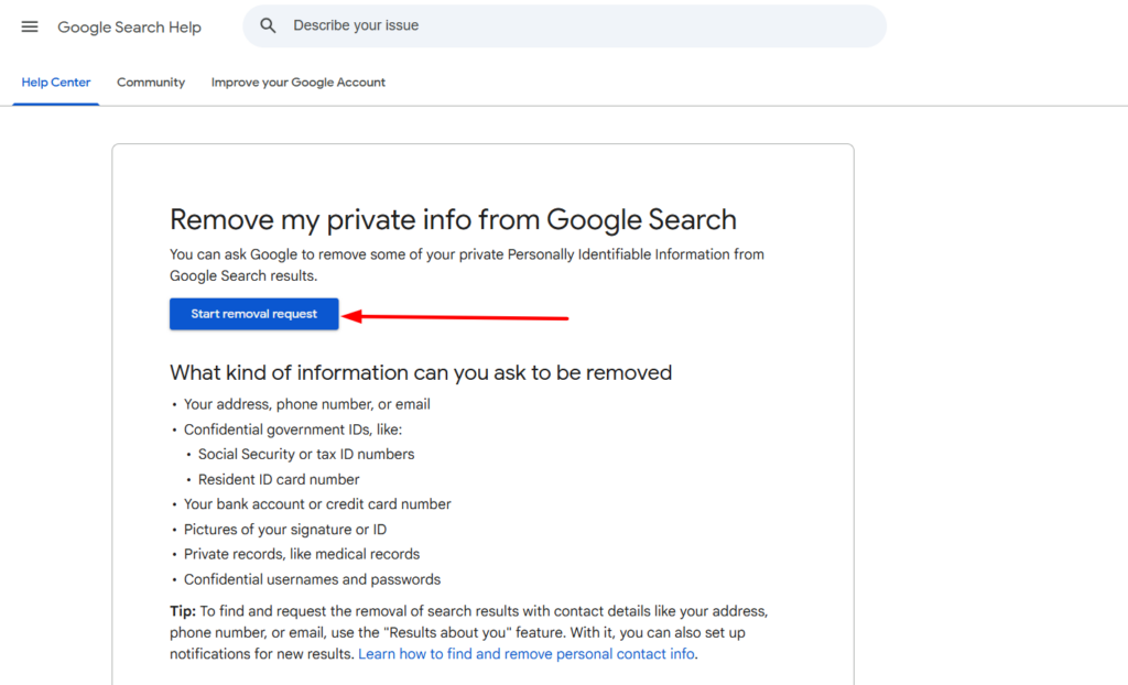 Remove my private info from Google Search