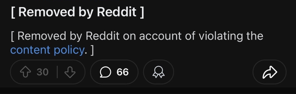 Reddit notice: removed by Reddit on a content policy violation
