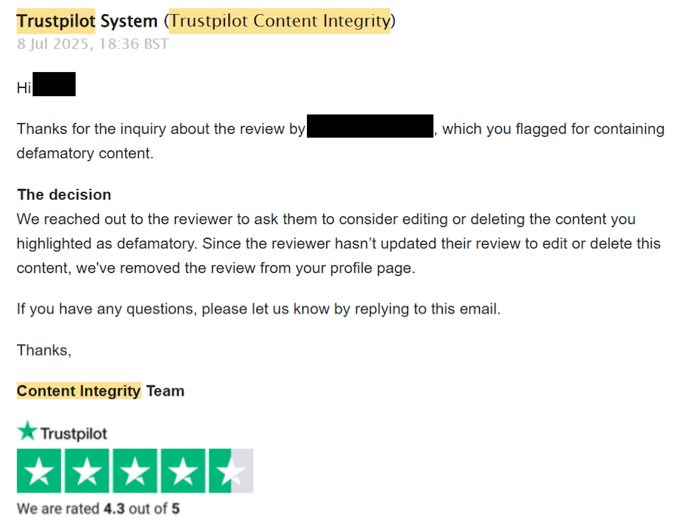Email from Trustpilot's Content Integrity Team confirming a defamatory review was removed from the profile page
