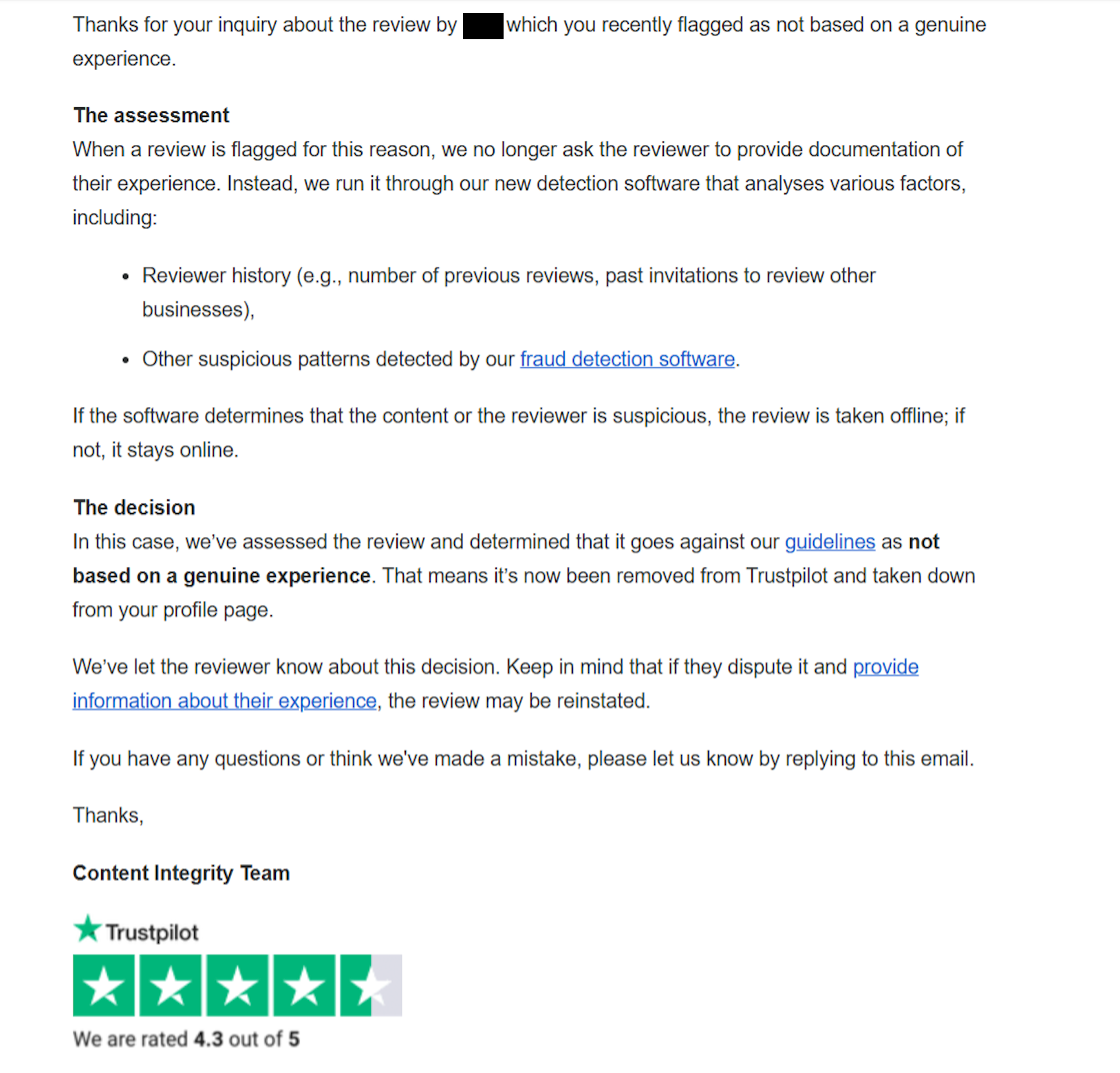 Email from Trustpilot confirming a review flagged as not based on a genuine experience was taken down after fraud detection analysis
