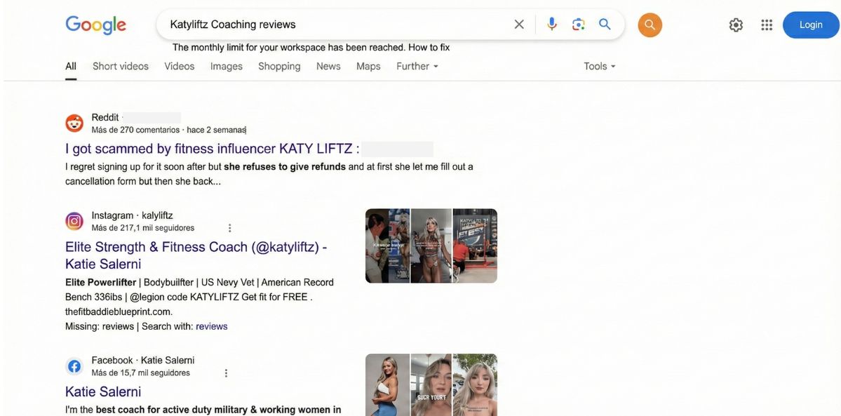 Google result for Katyliftz Coaching before the AI Overview reframe