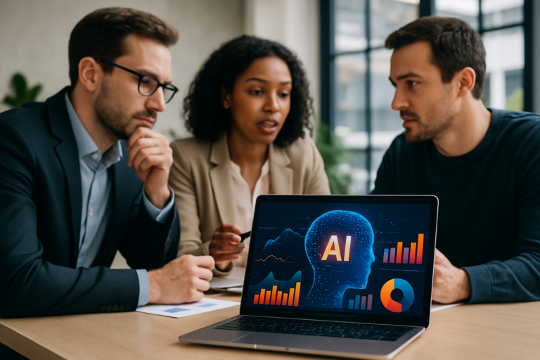 News 6 A modern office setting with professionals discussing AI-driven reputation management strategies illustrating AI's role in ORM for business leaders.