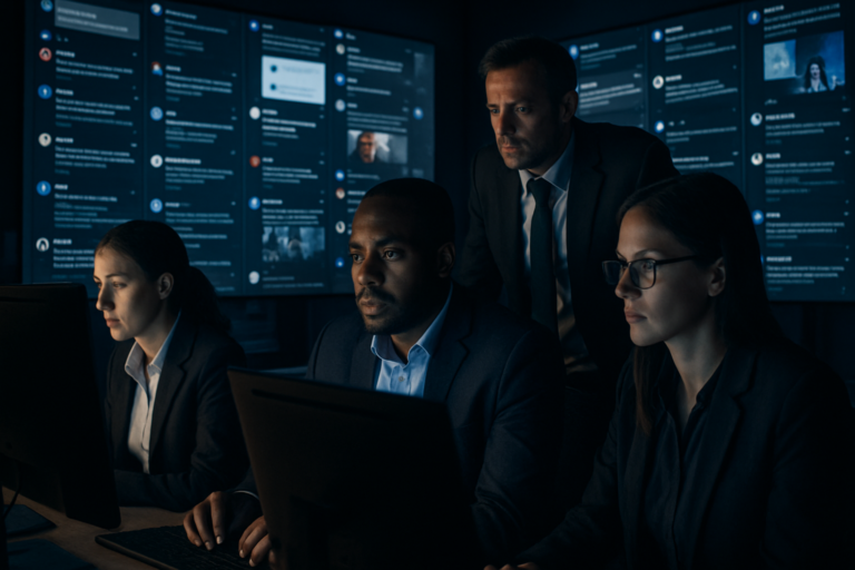 News 5 A team of analysts monitoring social media for harmful content illustrating the Take It Down Act for online reputation management.