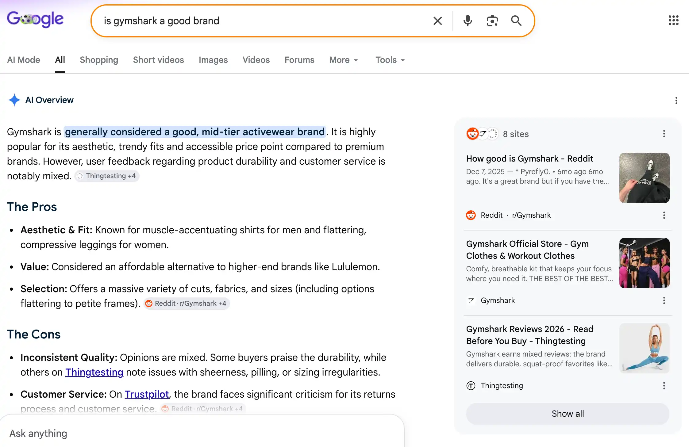 Google AI Overview summarizing a brand from multiple sources