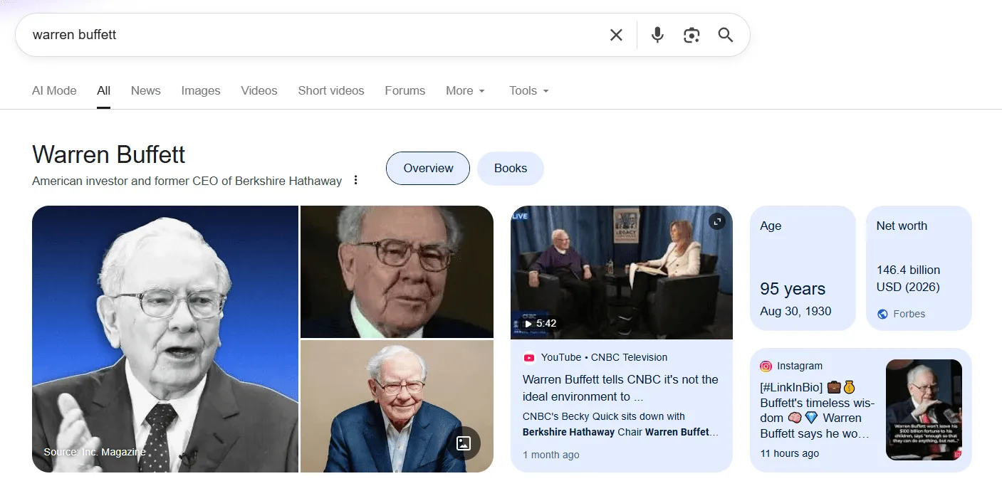 Google search results page for Warren Buffett showing the Knowledge Panel