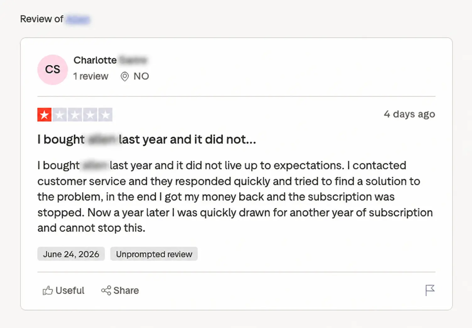 Real 1-star Trustpilot review flagged for removal, with the reviewer name and brand redacted